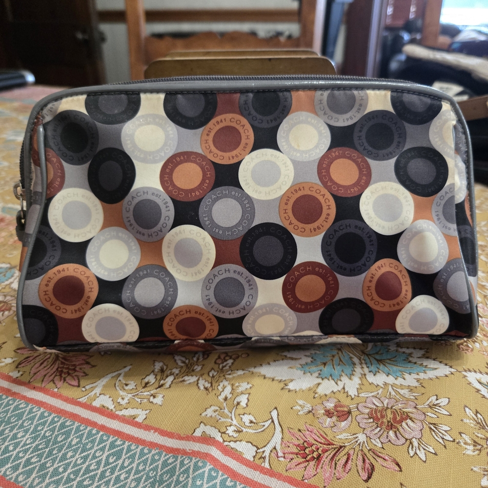 Coach Circle Pattern Cosmetic Pouch - Black, Gray, Cream, Brown